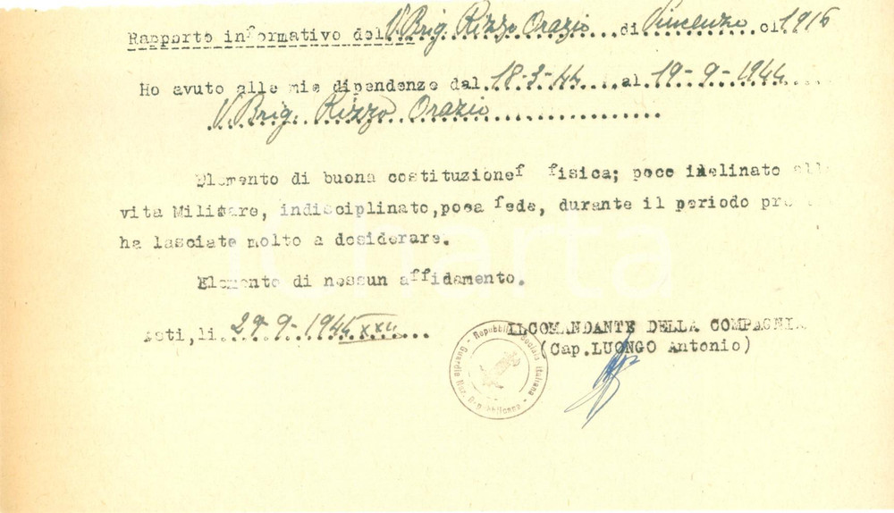 Documento originale, autentico 1944 ASTI WW2 RSI Orazio RIZZO poco incline alla vita militare Documento 1