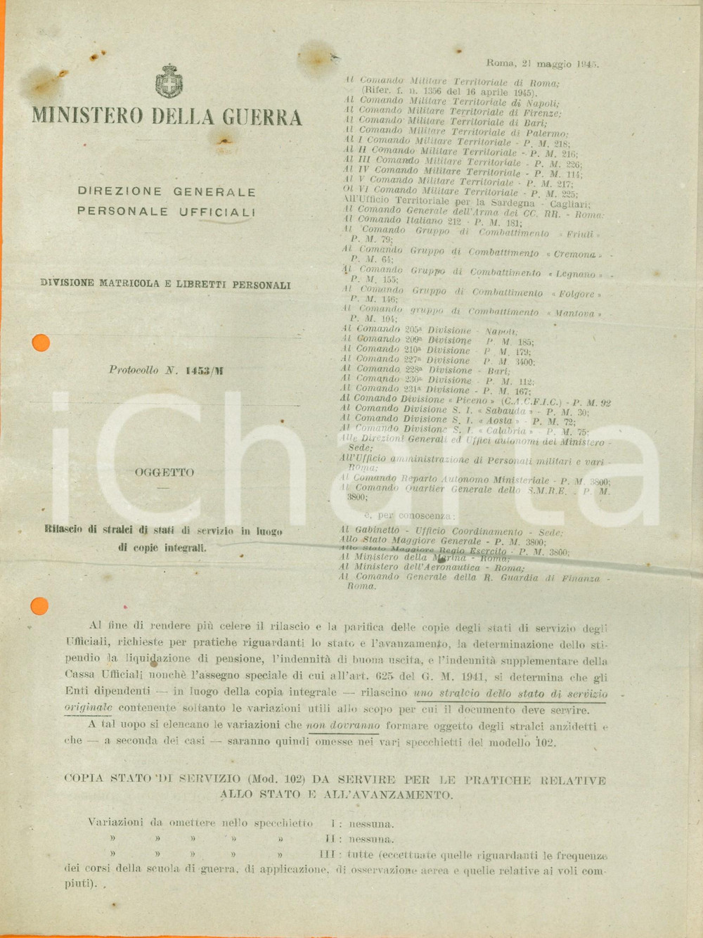 Documento originale, autentico 1945 ROMA Rilascio di stralci di stati di servizio per ufficiali Documento 1