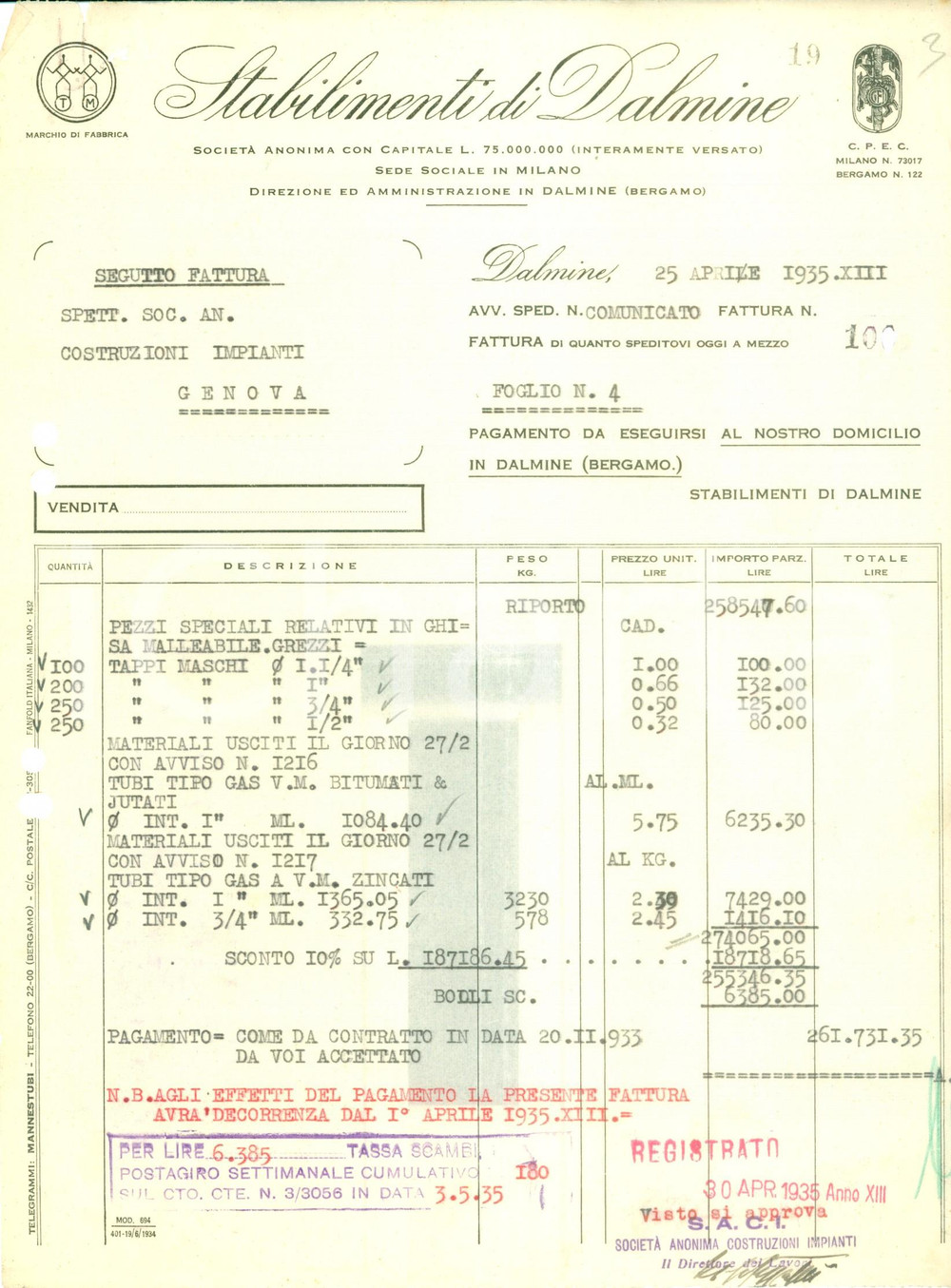 Documento originale, autentico 1935 MILANO Stabilimenti di DALMINE ghisa tubi bitumati Fattura commerciale 1