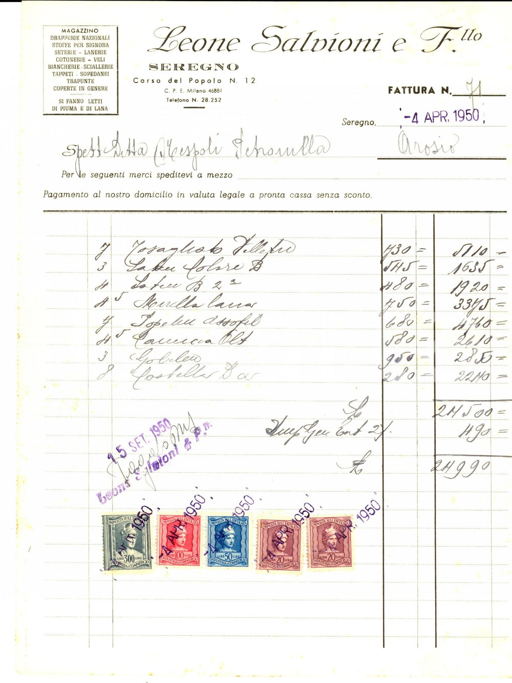 Documento originale, autentico 1950  SEREGNO MB Leone SALVIONI e fratello   Drapperie nazionali Fattura 1
