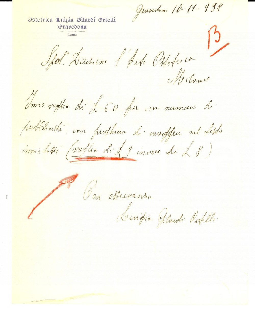 Manoscritto, lettera originale 1938 GRAVEDONA Ostetrica Luigia GILARDI ORTELLI su inserzione pubblicitaria 1