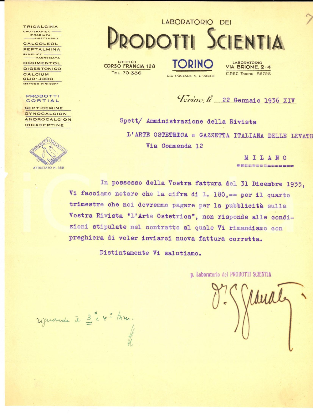 Documento originale, autentico 1936 TORINO Laboratorio dei Prodotti SCIENTIA su spazi pubblicitariLettera 1