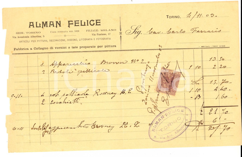 Documento originale, autentico 1909 TORINO ALMAN Felice  Articoli per pittura e decorazione Fattura 1