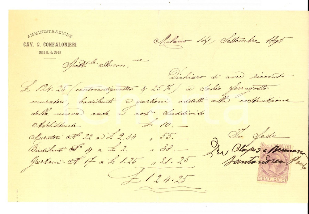 Documento originale, autentico 1895 MILANO Amministrazione Cav. G. CONFALONIERI Ricevuta muratori e badilanti 1