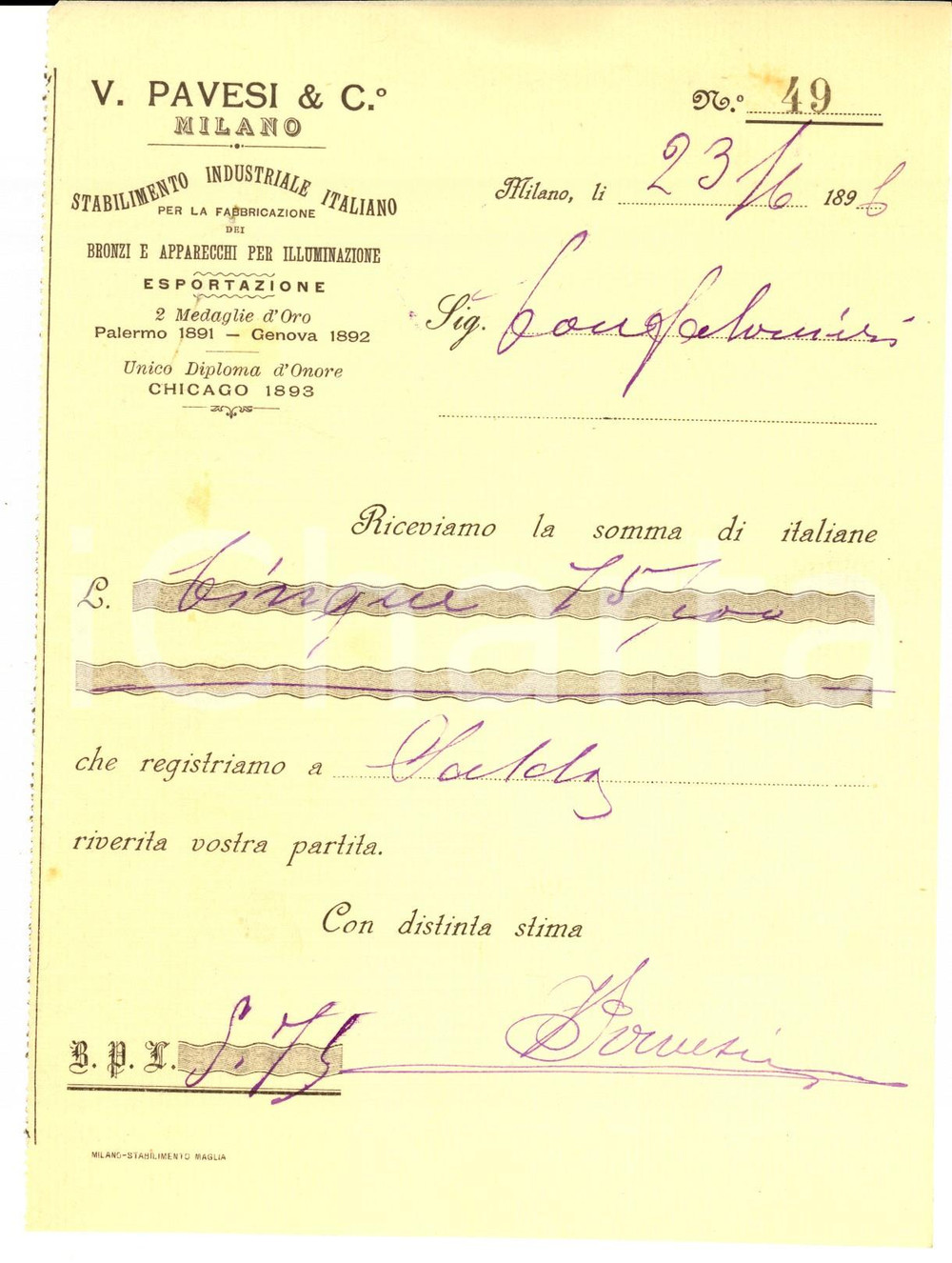 Documento originale, autentico 1896 MILANO V. PAVESI & C. Bronzi e apparecchi per illuminazione Ricevuta 1