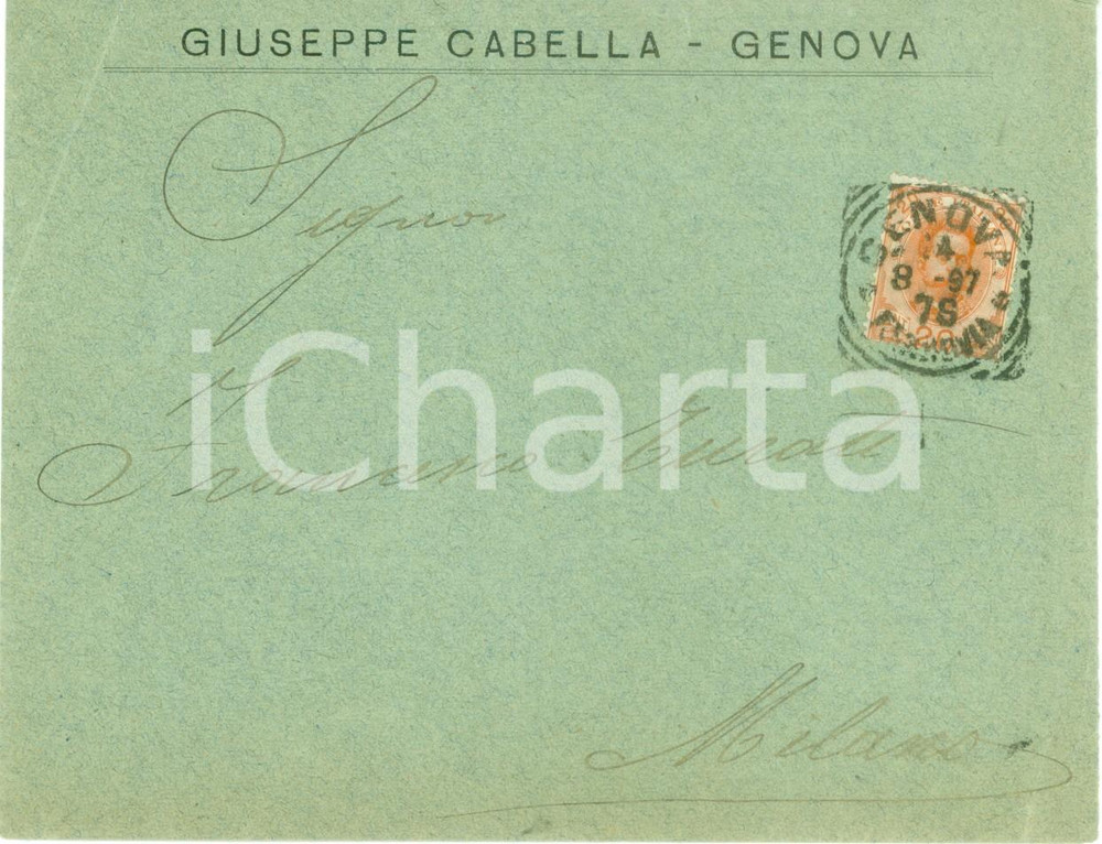 Materiale pubblicitario d’epoca 1897 GENOVA Ditta Giuseppe CABELLA Busta intestata priva di contenuto viaggiata 1