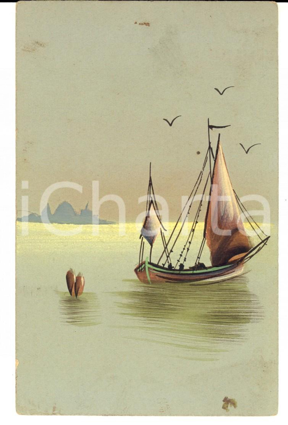 Cartolina originale da collezione 1920 ca FRANCIA Barca in navigazione al tramonto Cartolina DIPINTA A MANO 1