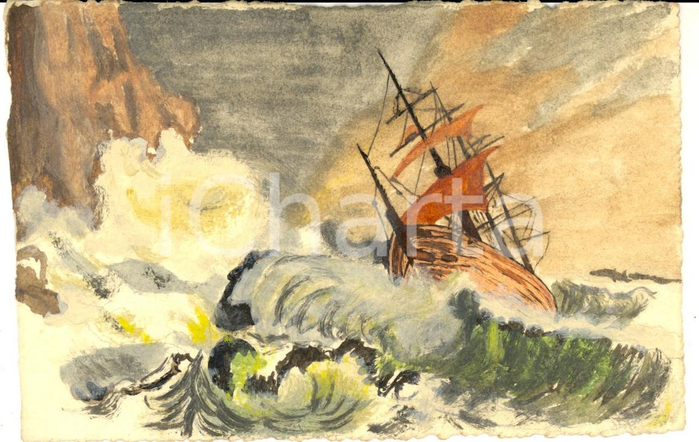 Cartolina originale da collezione 1915 ca FRANCIA Veliero nel mare in tempesta Cartolina ARTISTICA DIPINTA A MANO 1