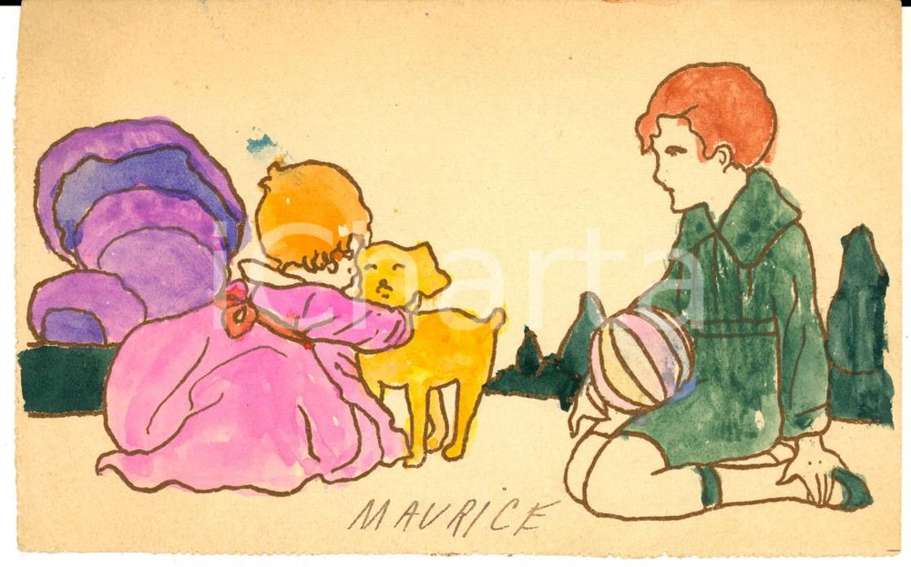 Cartolina originale da collezione 1920 ca FRANCIA Bambini giocano con la palla e un cane Cartolina dipinta a mano 1