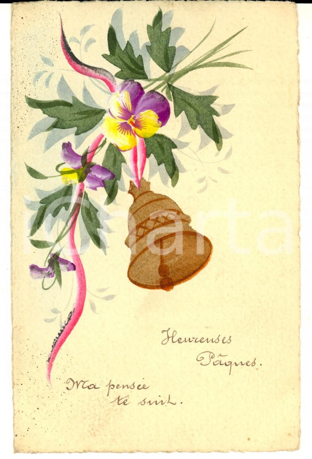 Cartolina originale da collezione 1910 ca FRANCIA Cartolina auguri PASQUA con campanella DIPINTA A MANO FP 1