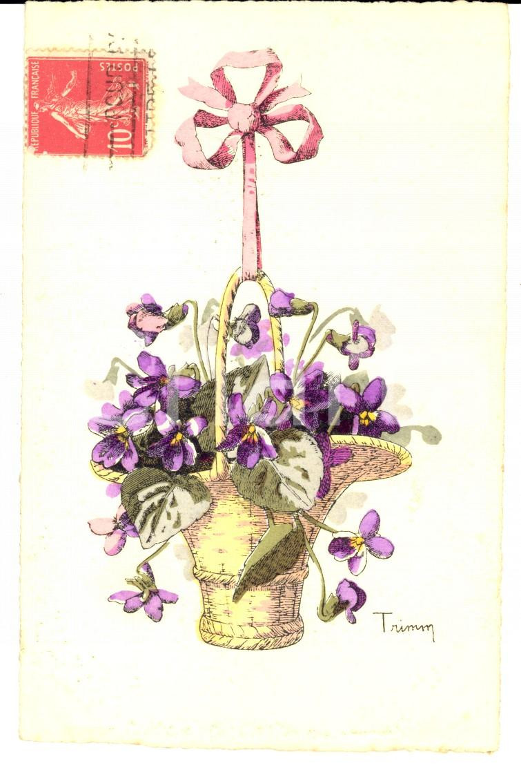 Cartolina originale da collezione 1919 FRANCIA Cartolina con cesto di violette ACQUERELLATA A MANO TRIMM 1