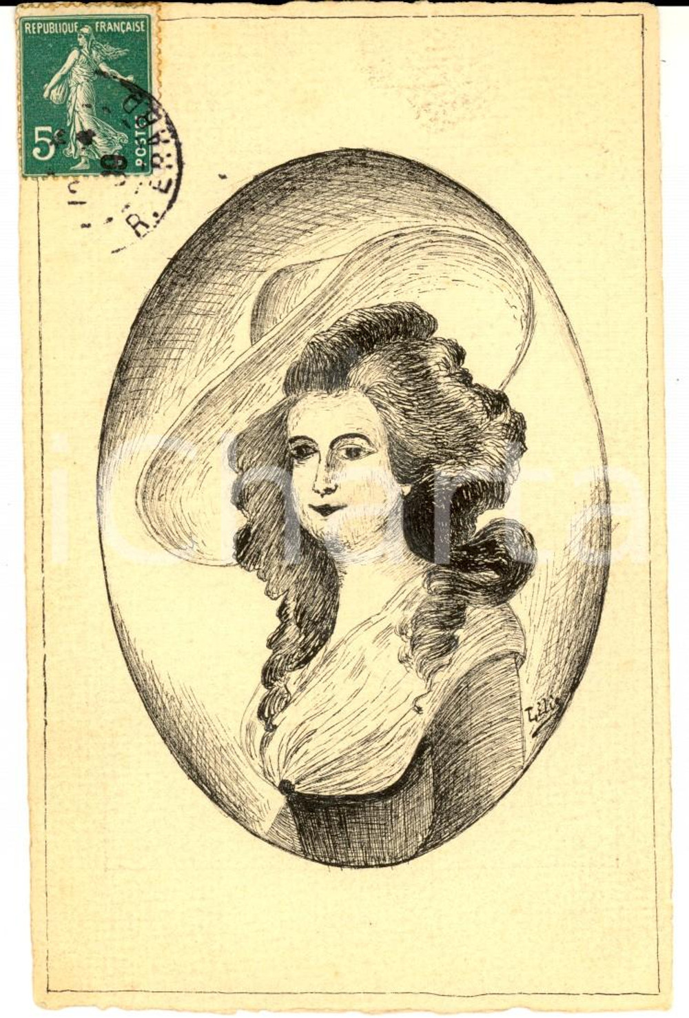 Cartolina originale da collezione 1910 ca FRANCIA Nobildonna del Settecento Cartolina DISEGNATA A MANO Ill. LILIE 1