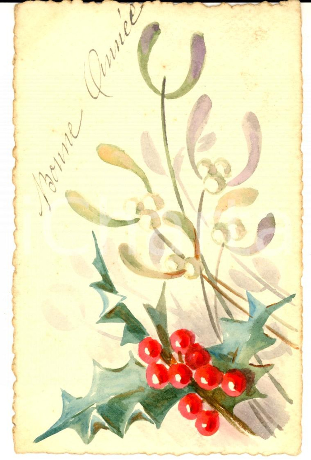 Cartolina originale da collezione 1917 BRUAY FRANCIA Cartolina BONNE ANNEE con agrifoglio DIPINTA A MANO 1