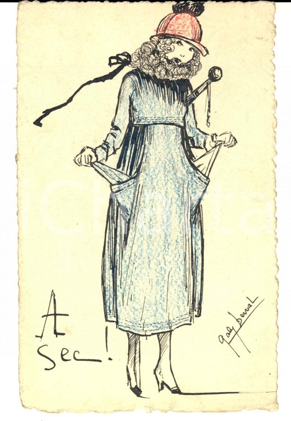 Cartolina originale da collezione 1918 FRANCIA Ragazza con le tasche vuote Satirica DIPINTA A MANO Gaby DERVAL 1