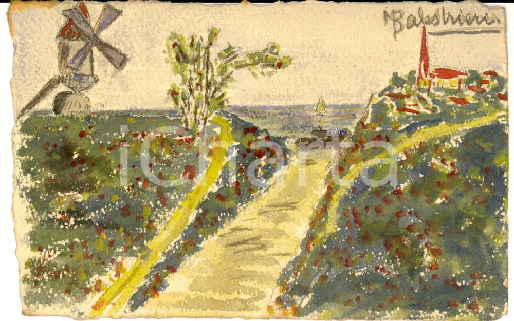 Cartolina originale da collezione 1910 ca FRANCIA A. BALESTRIERI Campagna con mulino a vento DIPINTA A MANO 1