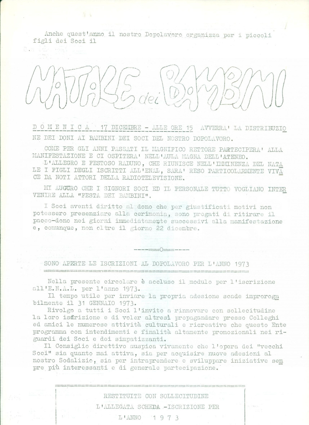 Documento originale, autentico 1972 MILANO Natale dei Bambini al Dopolavoro dell UniversitÃ  Volantino 1