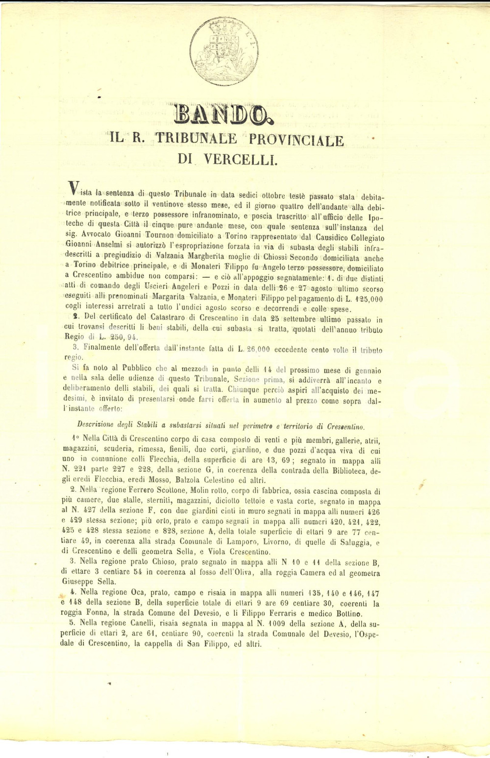 Documento originale, autentico 1858 CRESCENTINO VC Asta su cascina con risaia regione OCA e prato CHIOSO 1