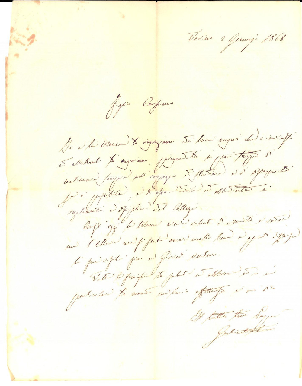 Manoscritto, lettera originale 1868 TORINO Carlo GALIMBERTI esorta il figlio Alfredo studente Lettera 1