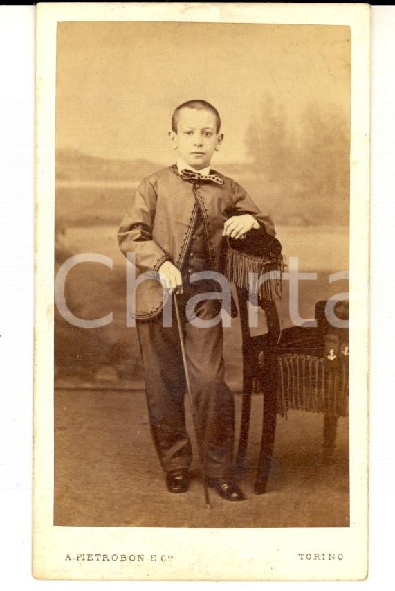 Fotografia d epoca originale 1870 ca TORINO Ritratto di bambino con il bastone Foto Alberto PIETROBON 1