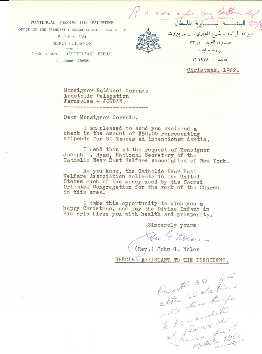 Autografo originale 1962 BEIRUT Mons. John G. NOLAN Pontifical Mission for Palestine AUTOGRAFO 1