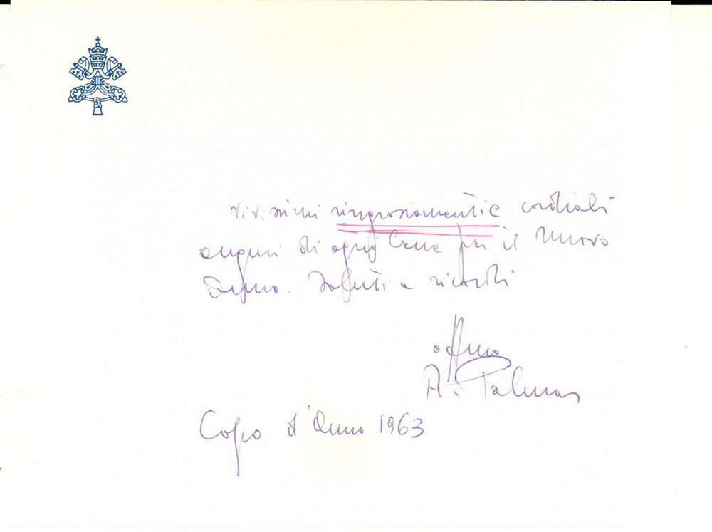 Autografo originale 1963 ROMA Biglietto di auguri mons. Angelo PALMAS nunzio apostolico AUTOGRAFO 1