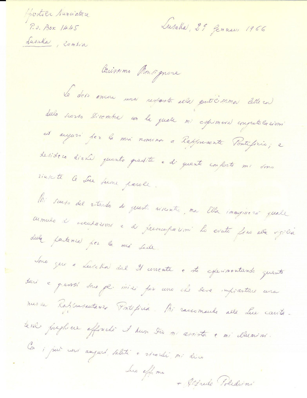 Autografo originale 1966 LUSAKA ZAMBIA Mons. Alfredo POLEDRINI nella nuova sede pontificia 1