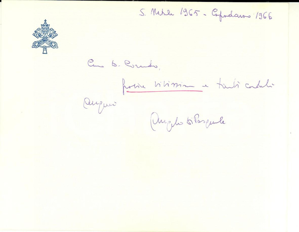 Autografo originale 1966 ROMA Auguri mons. Angelo DI PASQUALE cerioniere pontificio AUTOGRAFO 1