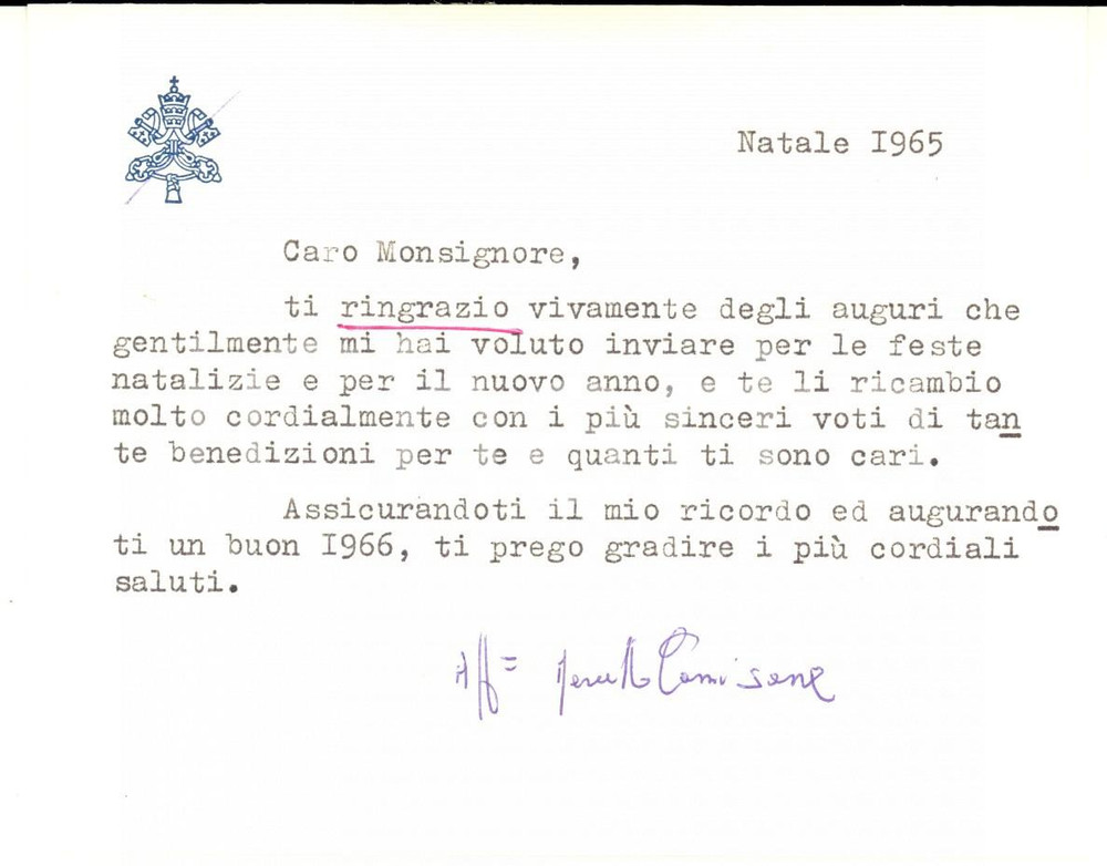 Autografo originale 1965 ROMA Auguri mons. Marcello CAMISASSA Segreteria Pontificia AUTOGRAFO 1