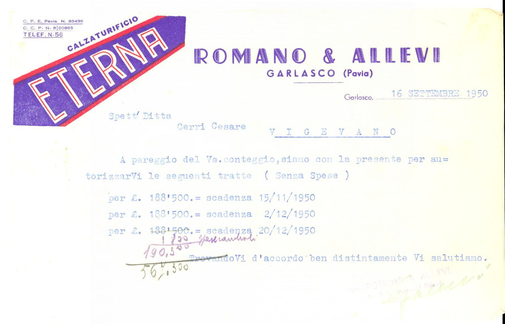 Documento originale, autentico 1950 GARLASCO PV Calzaturificio ETERNA di ROMANO & ALLEVI Lettera intestata 1