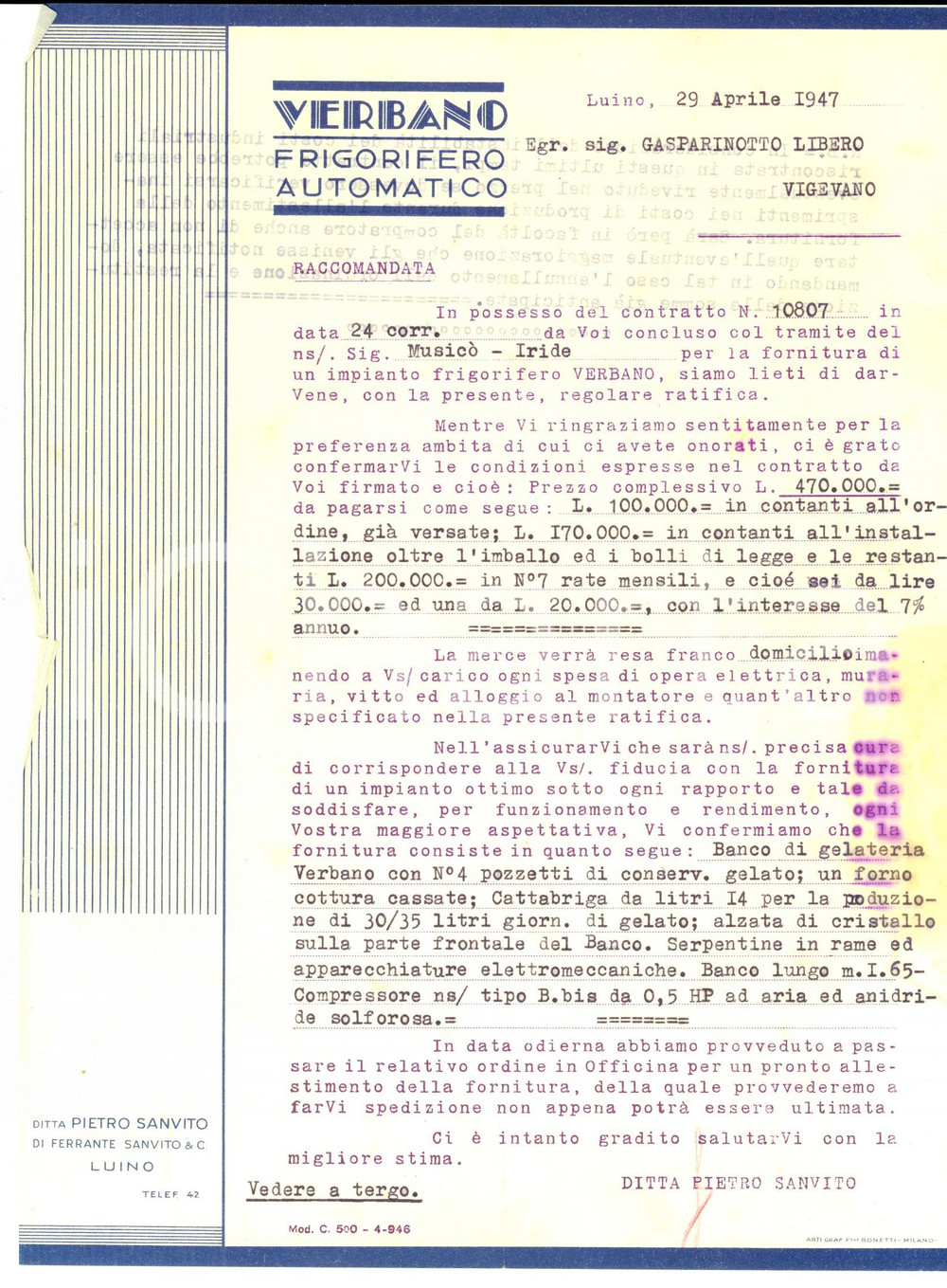 Documento originale, autentico 1947 LUINO VA Fornitura di frigorifero atuomatico VERBANO per gelateria 1