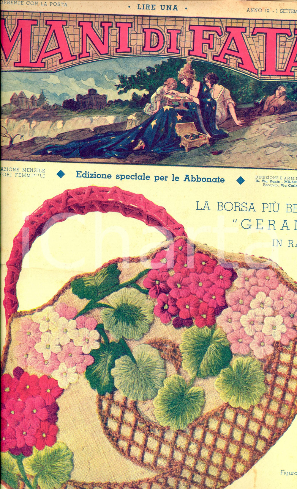 Giornale, rivista storica 1934 MILANO Rivista MANI DI FATA Lavori femminili  Borsa gerani Anno IX n°9 1