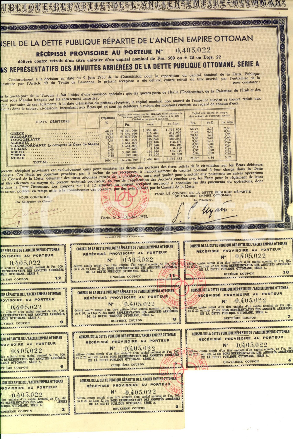1933 PARIS Conseil de la dette publique de l'EMPIRE OTTOMAN Récépissé au porteur