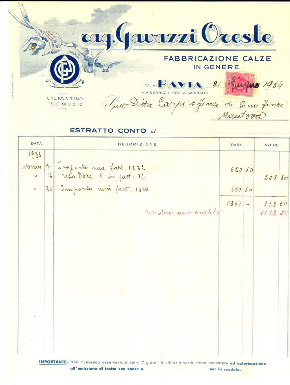 Documento originale, autentico 1934 PAVIA Ditta rag. GAVAZZI Oreste  Fabbricazione calze Estratto conto 1