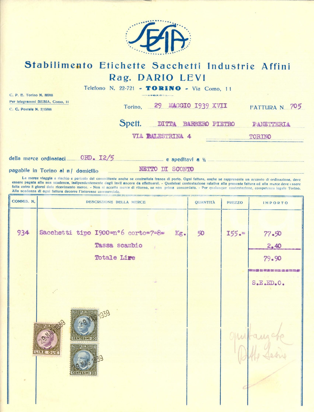 Documento originale, autentico 1939 TORINO Stabilimento etichette SESIA Rag. Dario LEVI Fattura intestata 1
