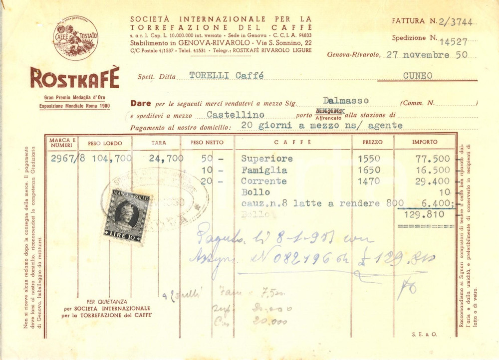 Documento originale, autentico 1950 GENOVA Rivarolo ROSTKAFE   SocietÃ  Internazionale torrefazione caffÃ¨ 1