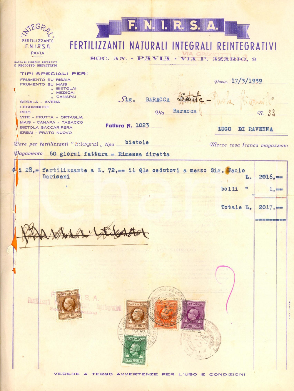 Documento originale, autentico 1939 PAVIA SocietÃ  Anonima FNIRSA  Fertilizzanti Naturali Fattura DANNEGGIATA 1