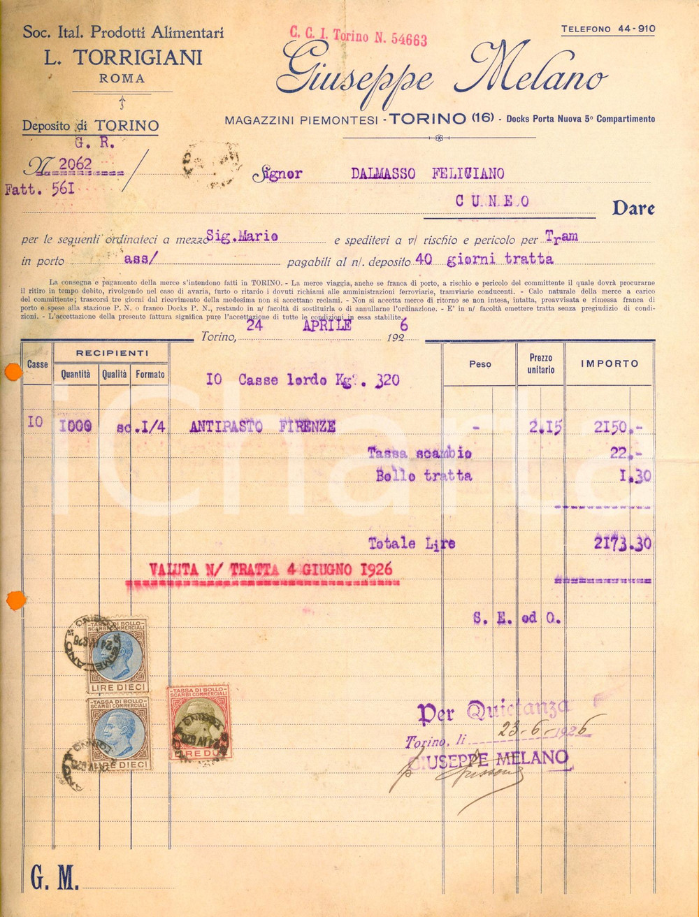 Documento originale, autentico 1926 TORINO Giuseppe MELANO  Luigi TORRIGIANI Prodotti alimentari Fattura 1