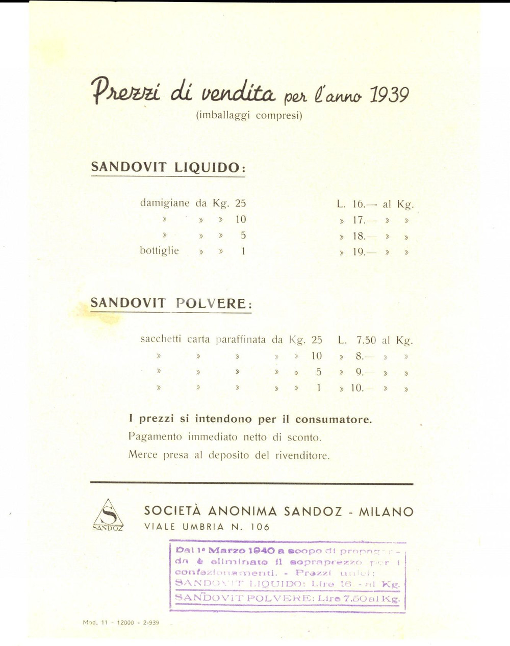 Materiale pubblicitario d’epoca 1939 MILANO SocietÃ  Anonima SANDOZ Volantino listino SANDOVIT liquido 1