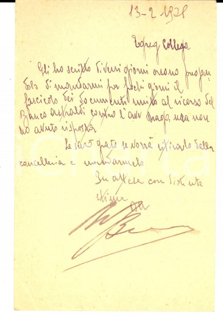Autografo originale 1931 ONEGLIA Avv. Francesco BONAVERA chiede un fascicolo Cartolina AUTOGRAFA 1