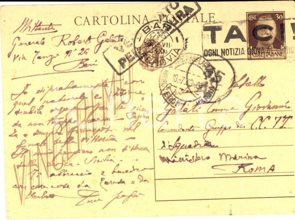 Autografo originale 1943 WW2 BARI Gen. Roberto GALATI su un trasporto di masserizie Autografo 1