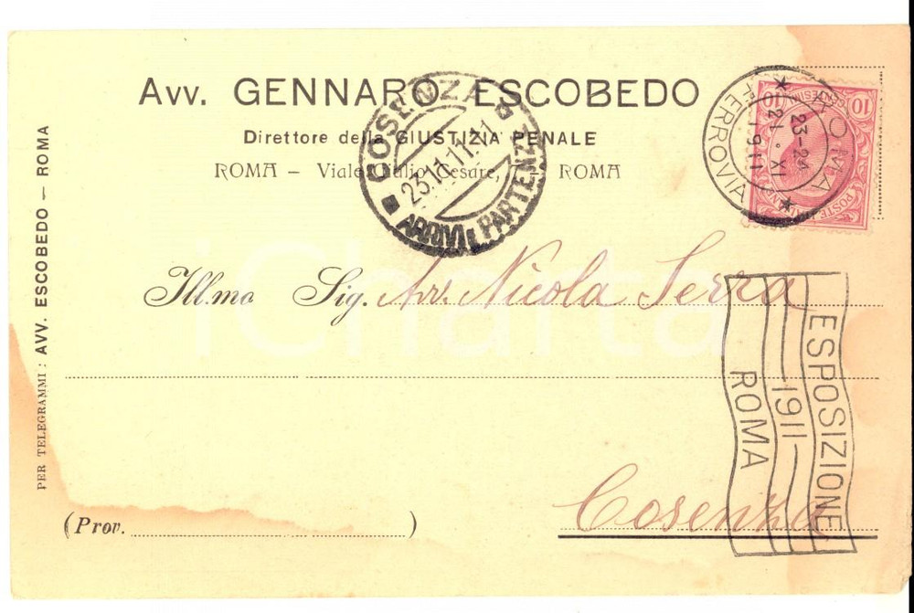 Autografo originale 1911 ROMA GIUSTIZIA PENALE Avv. Gennaro ESCOBEDO su un ricorso Autografo 1
