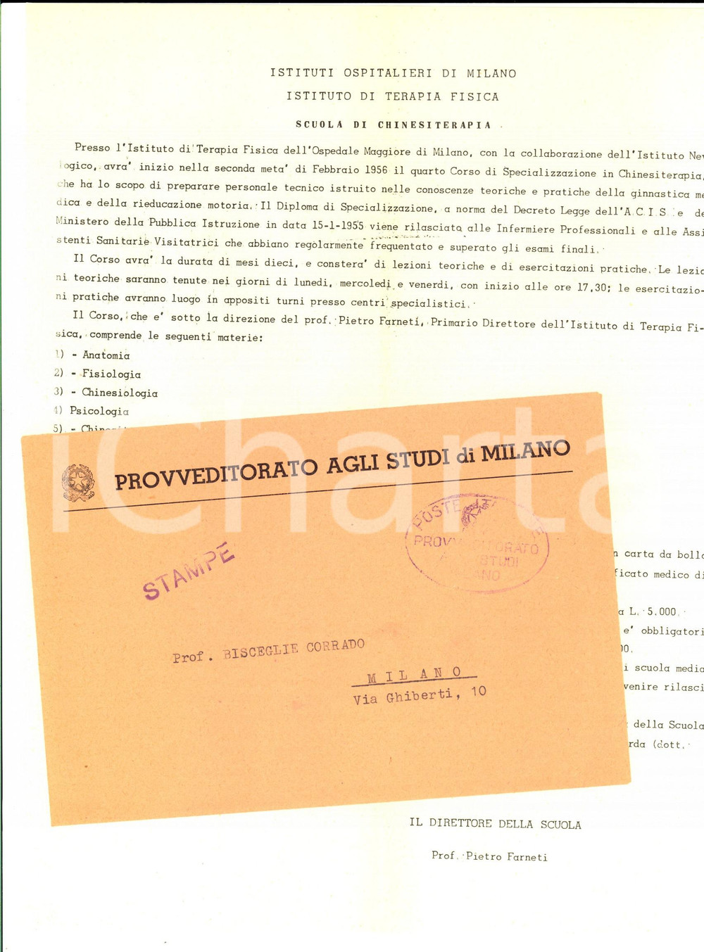 Manoscritto, lettera originale 1956 MILANO Ospedale Maggiore  Corso di CHINESITERAPIA Lettera pubblicitaria 1
