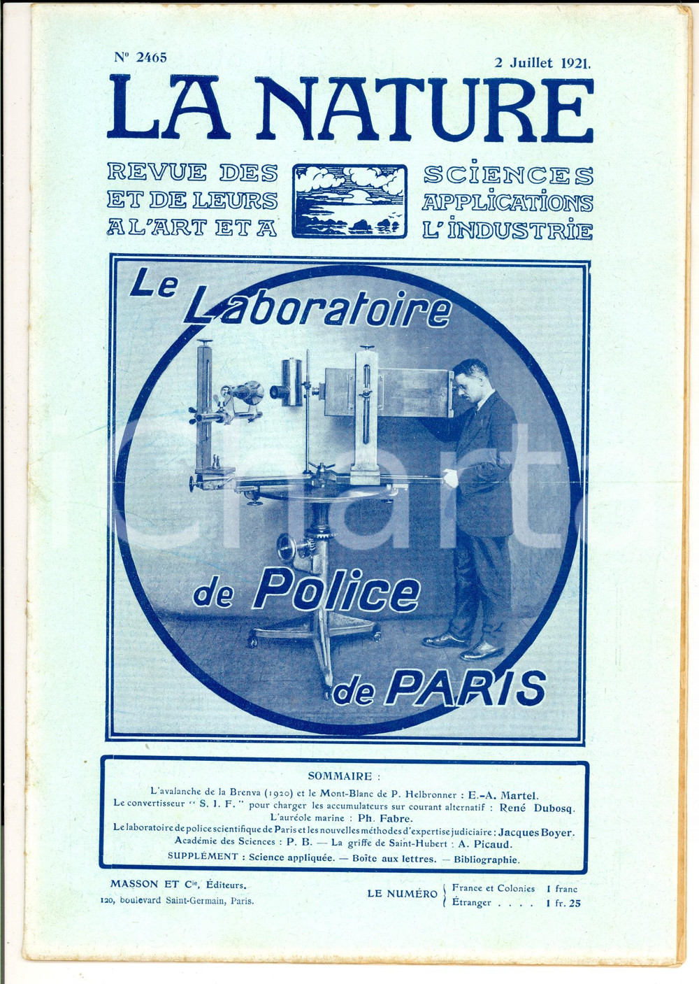 Giornale, rivista storica 1921 LA NATURE Le laboratoire de police de Paris Revue ILLUSTREE SCIENCE n°2465 1