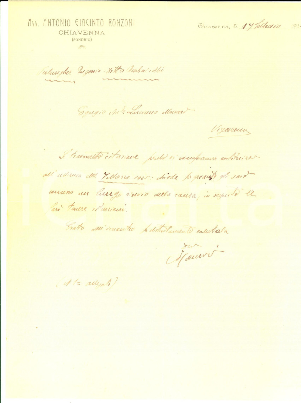 Manoscritto, lettera originale 1925 CHIAVENNA SO Lettera avv. Antonio Giacinto RONZONI su una causa 1