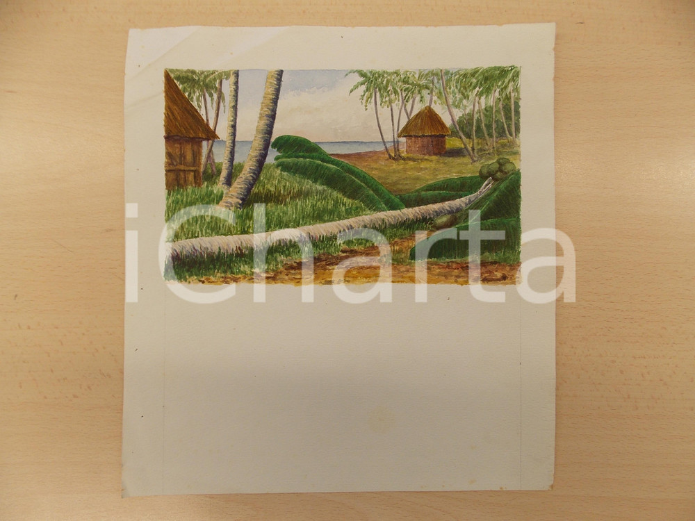Stampa, bozzetto originale 1950 ca ARTE Capanne su una spiaggia tropicale Acquerello 26 x 28 cm 1