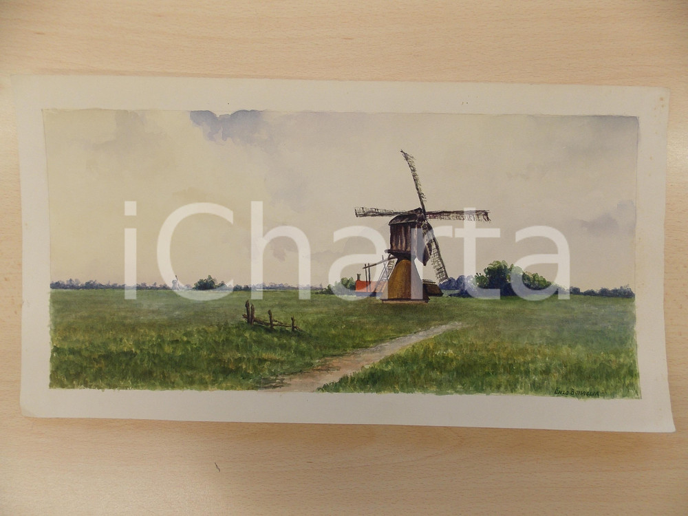 Stampa, bozzetto originale 1950 ca ARTE Campagna olandese con mulino a vento Acquerello 40 x 22 cm 1