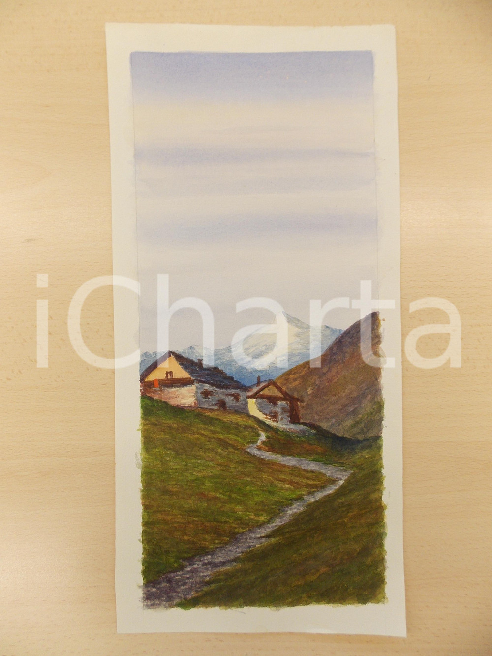 Stampa, bozzetto originale 1950 ca ARTE Paesaggio montano con baite e sentiero Acquerello 21 x 44 cm 1