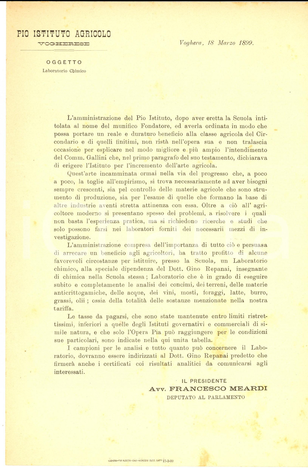 Documento originale, autentico 1899 VOGHERA PV Pio Istituto Agricolo Vogherese  Nascita laboratorio chimico 1
