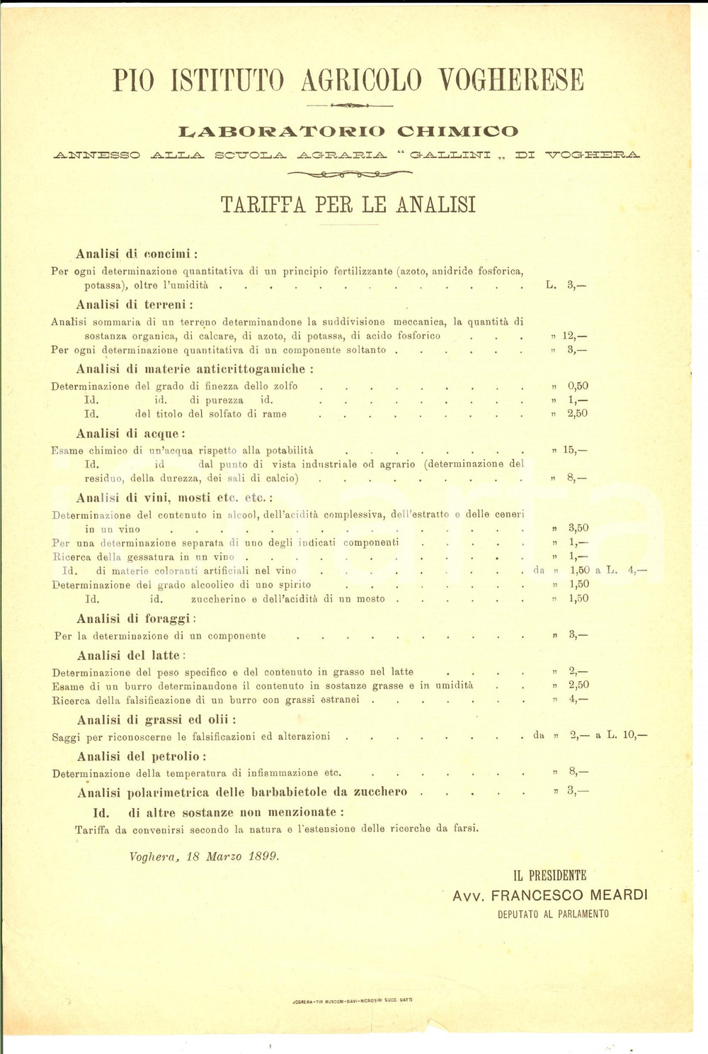 Documento originale, autentico 1899 VOGHERA PV Pio Istituto Agricolo  Tariffa analisi laboratorio chimico 1