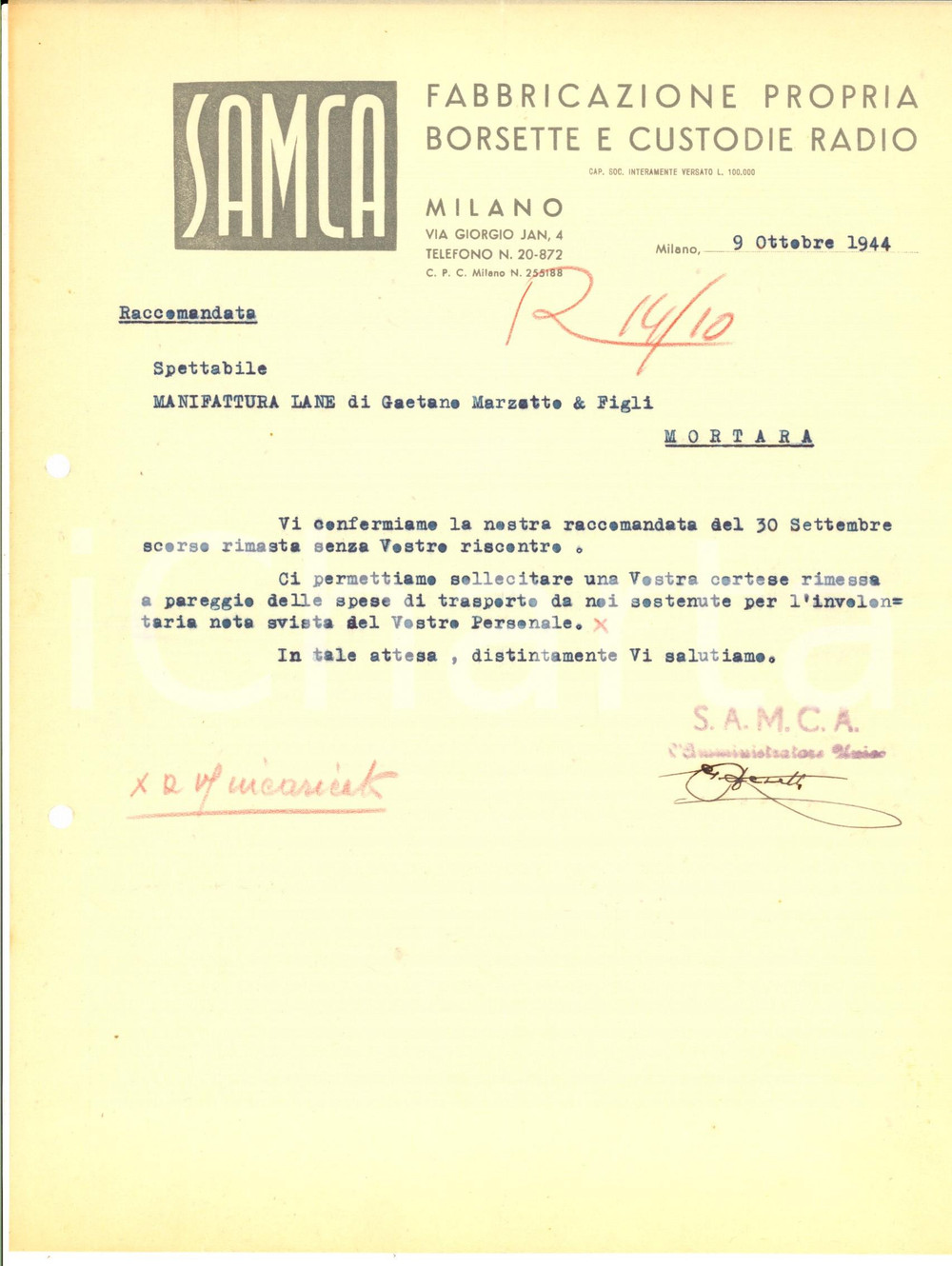 Documento originale, autentico 1944 RSI MILANO Ditta SAMCA Fabbricazione borsette e custode radio Lettera 1